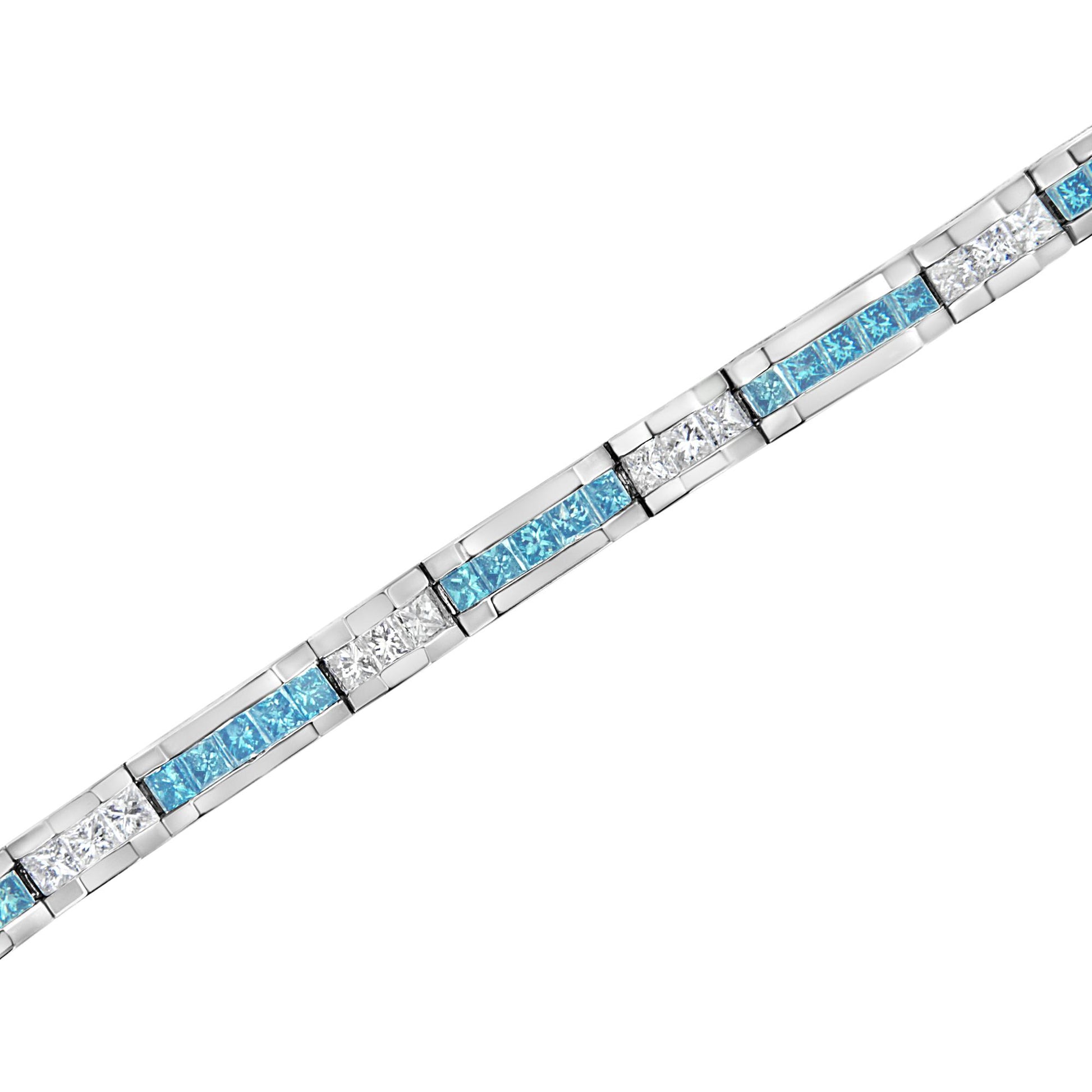 Close-up angled view of a white metal bracelet featuring alternating channel-set princess-shaped white and blue gemstones.