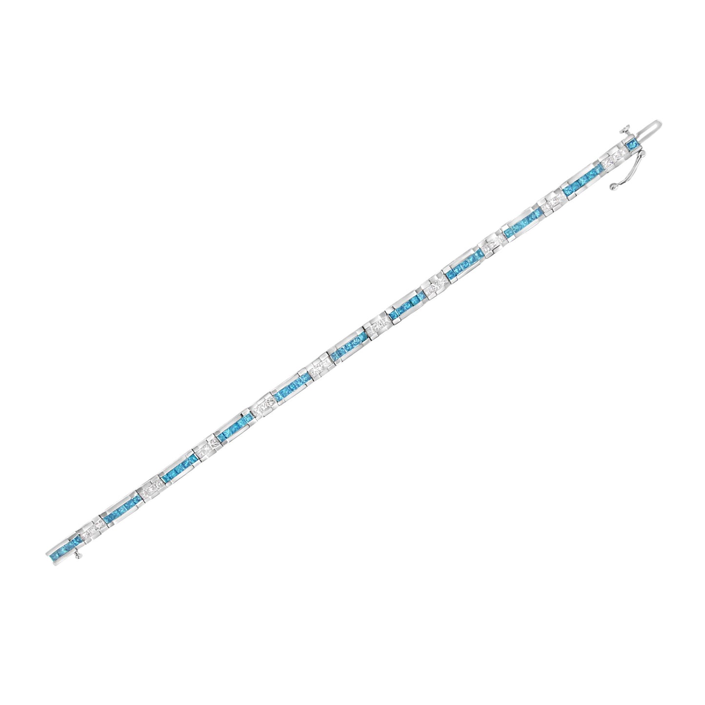 White metal bracelet with alternating princess-shaped white and blue gemstones in a channel setting, shown flat on a white background from a top-down angle.