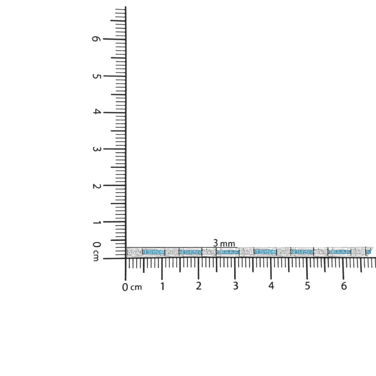 White metal bracelet with alternating white and blue princess-shaped gemstones in a channel setting, shown in a close-up top-down view on a ruler for size reference.
