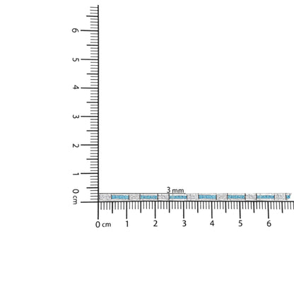 White metal bracelet with alternating white and blue princess-shaped gemstones in a channel setting, shown in a close-up top-down view on a ruler for size reference.