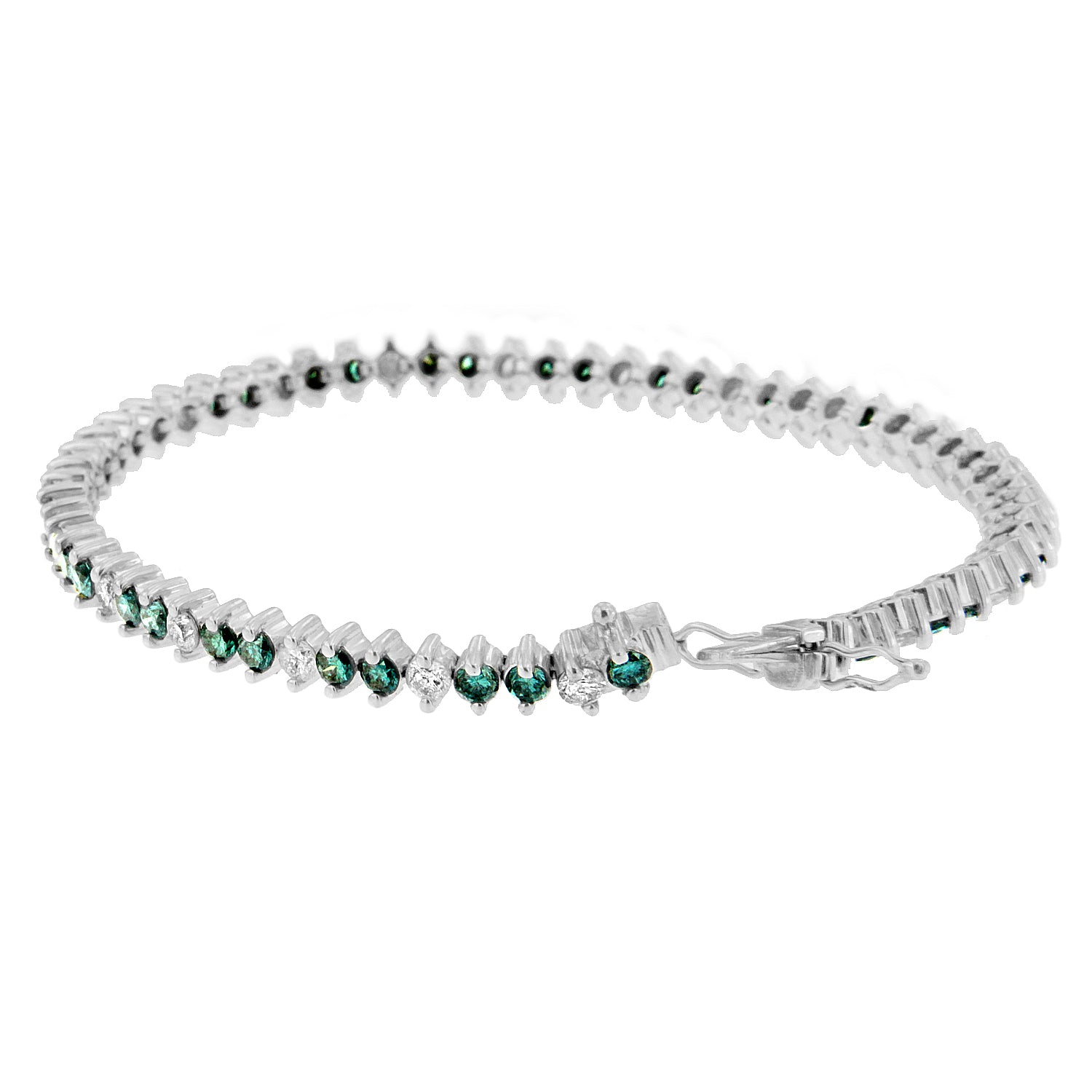 White metal bracelet with alternating round white and blue gemstones in prong settings, shown in a slightly angled side view.