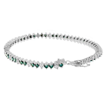 White metal bracelet with alternating round white and blue gemstones in prong settings, shown in a slightly angled side view.