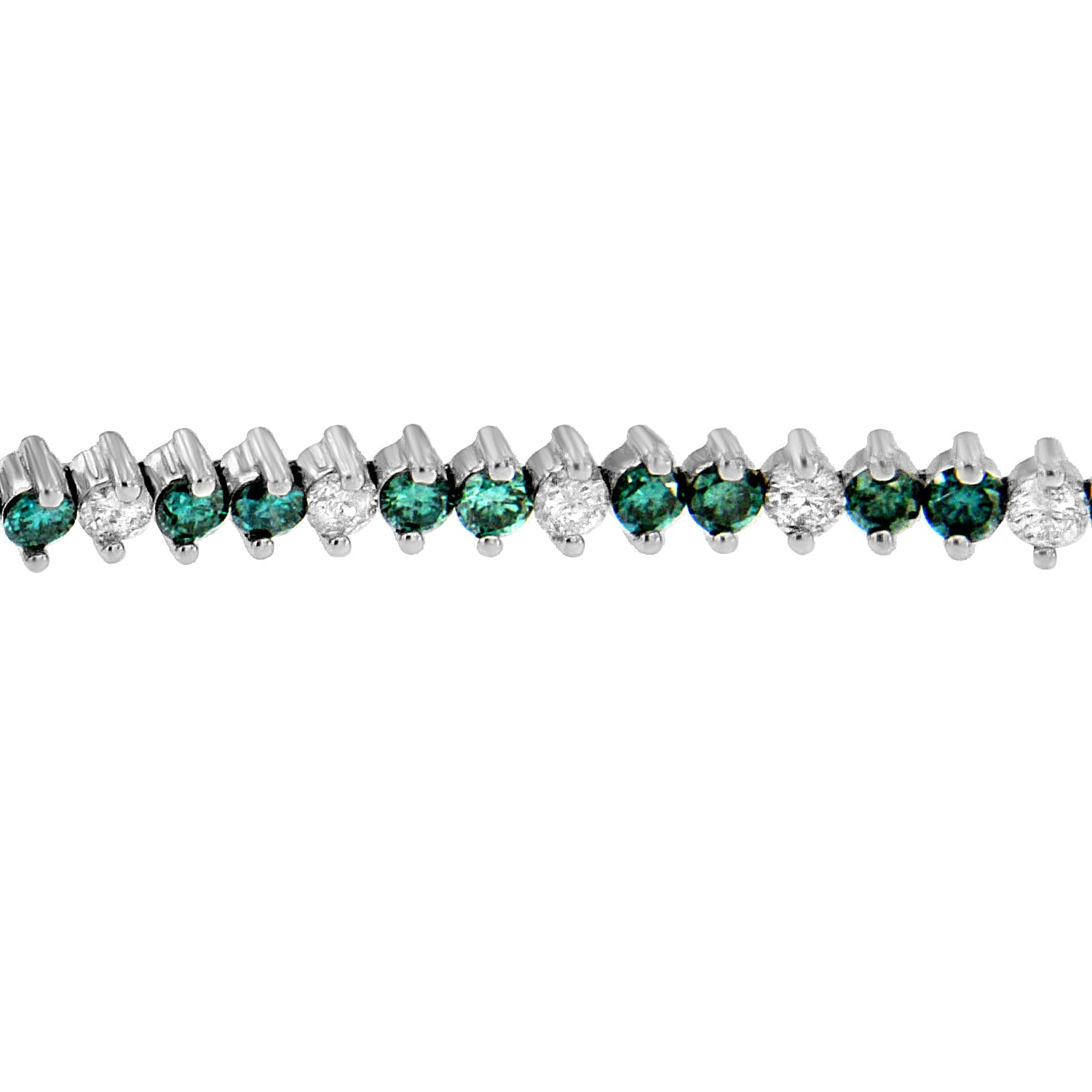 Close-up horizontal view of a white metal bracelet featuring alternating round white and blue gemstones in prong settings.
