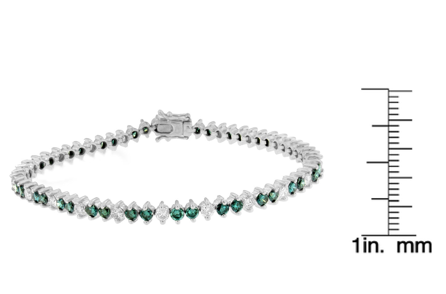 White metal bracelet with alternating round white and blue gemstones in prong settings, displayed flat with a ruler for size reference, shown from a front angle.