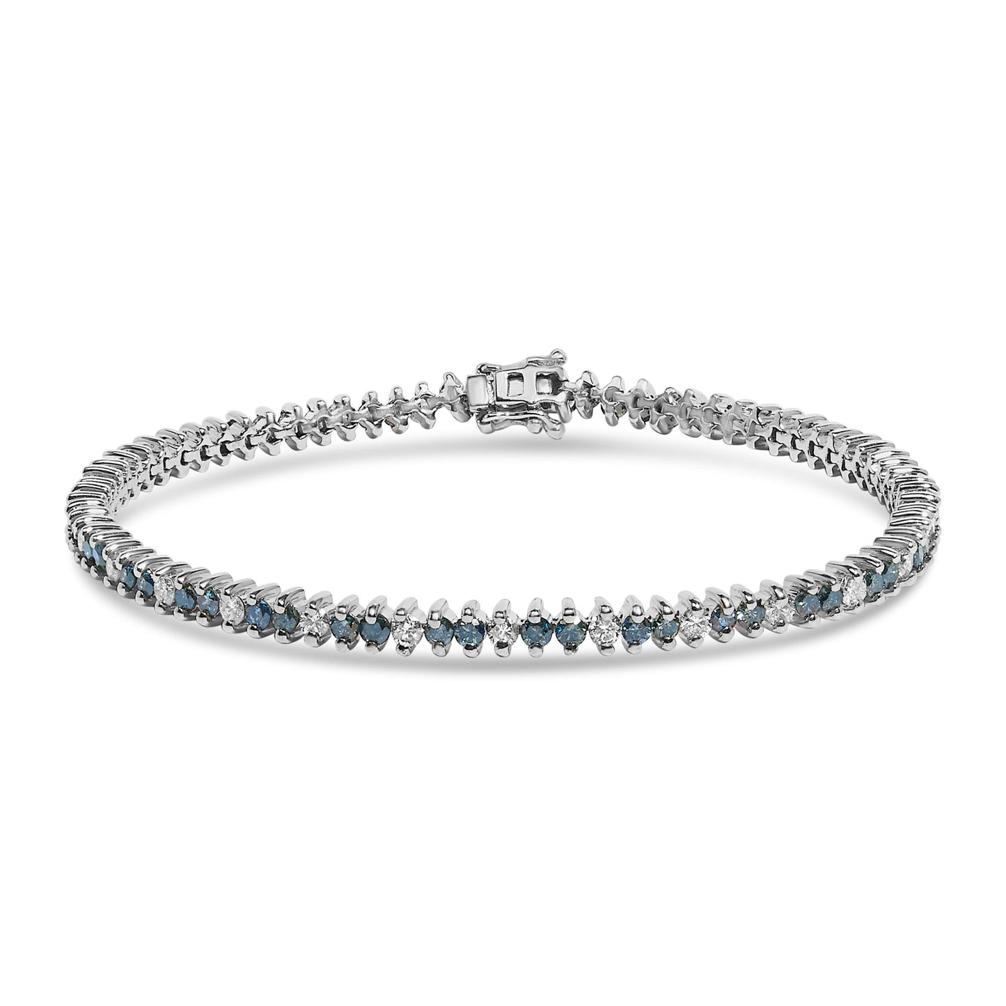 White metal tennis bracelet with alternating round white and blue gemstones in prong settings, shown in a front angled view with clasp visible.