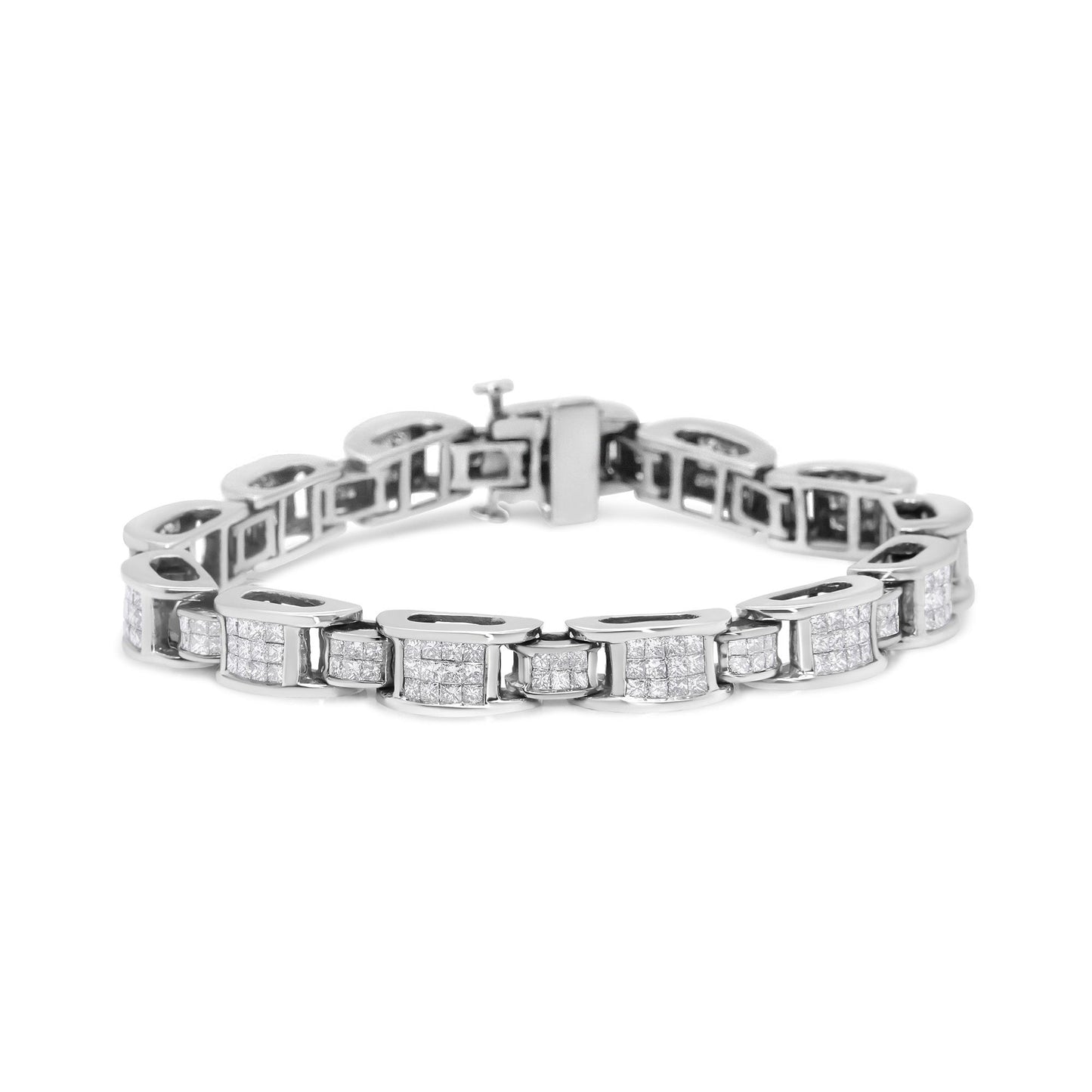 White metal bracelet with square settings featuring multiple white gemstones, shown from a front angle.