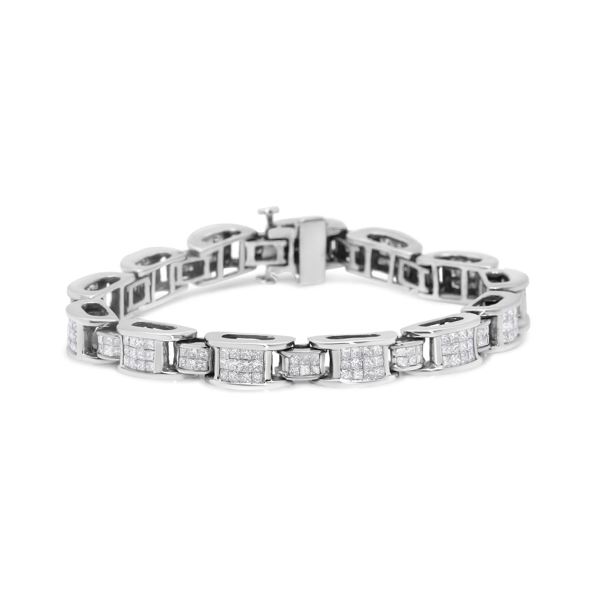 White metal bracelet with square settings featuring multiple white gemstones, shown from a front angle.