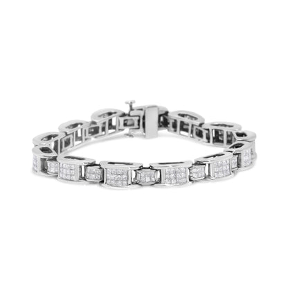 White metal bracelet with square settings featuring multiple white gemstones, shown from a front angle.