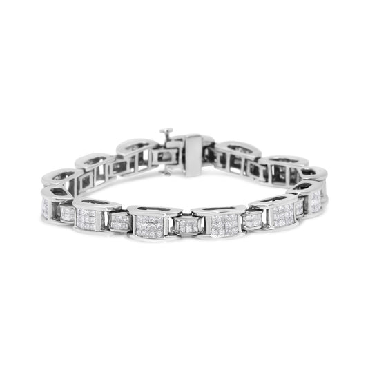 White metal bracelet with square settings featuring multiple white gemstones, shown from a front angle.