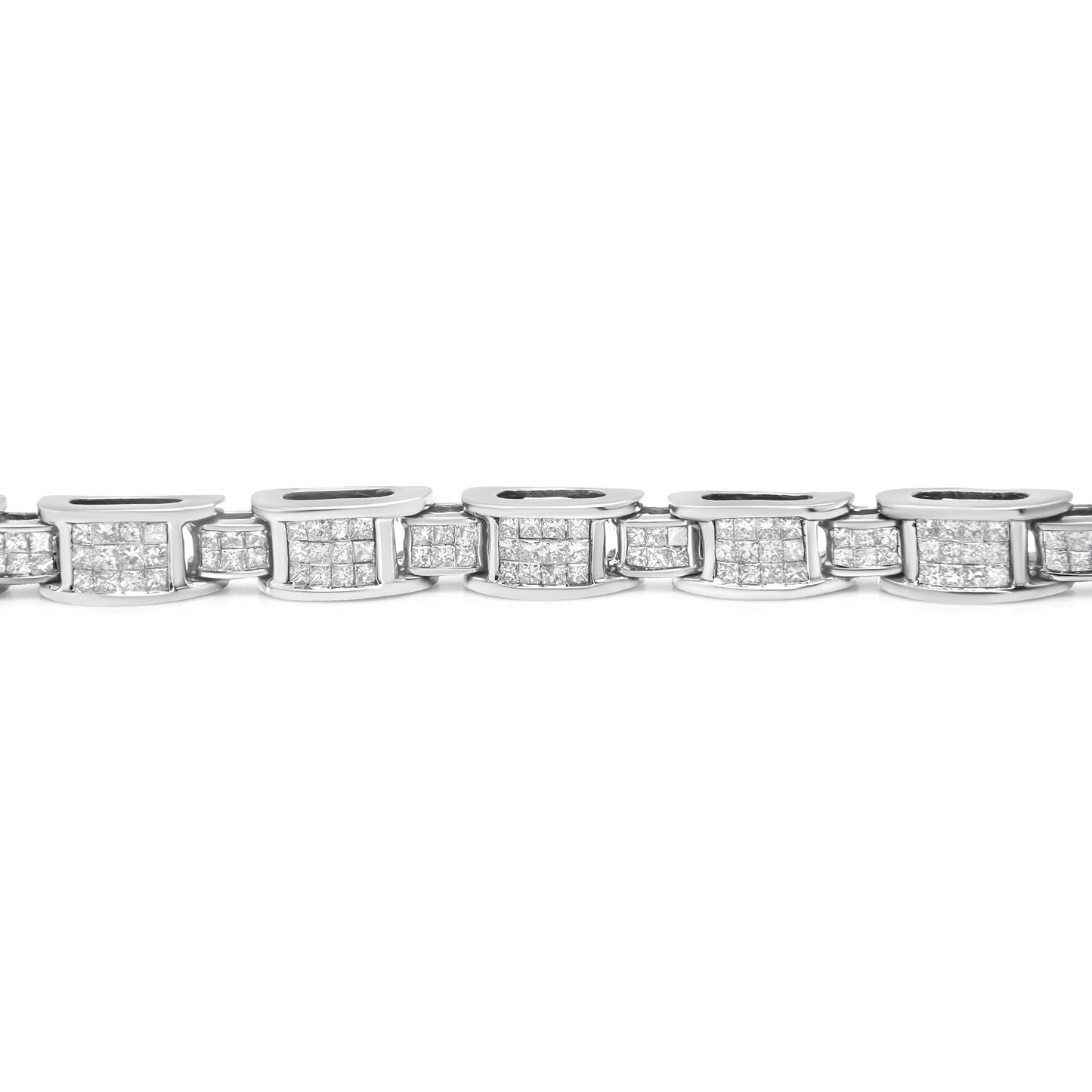Close-up front view of a white metal bracelet with rectangular links, each set with multiple white gemstones in a grid pattern with an invisible setting.