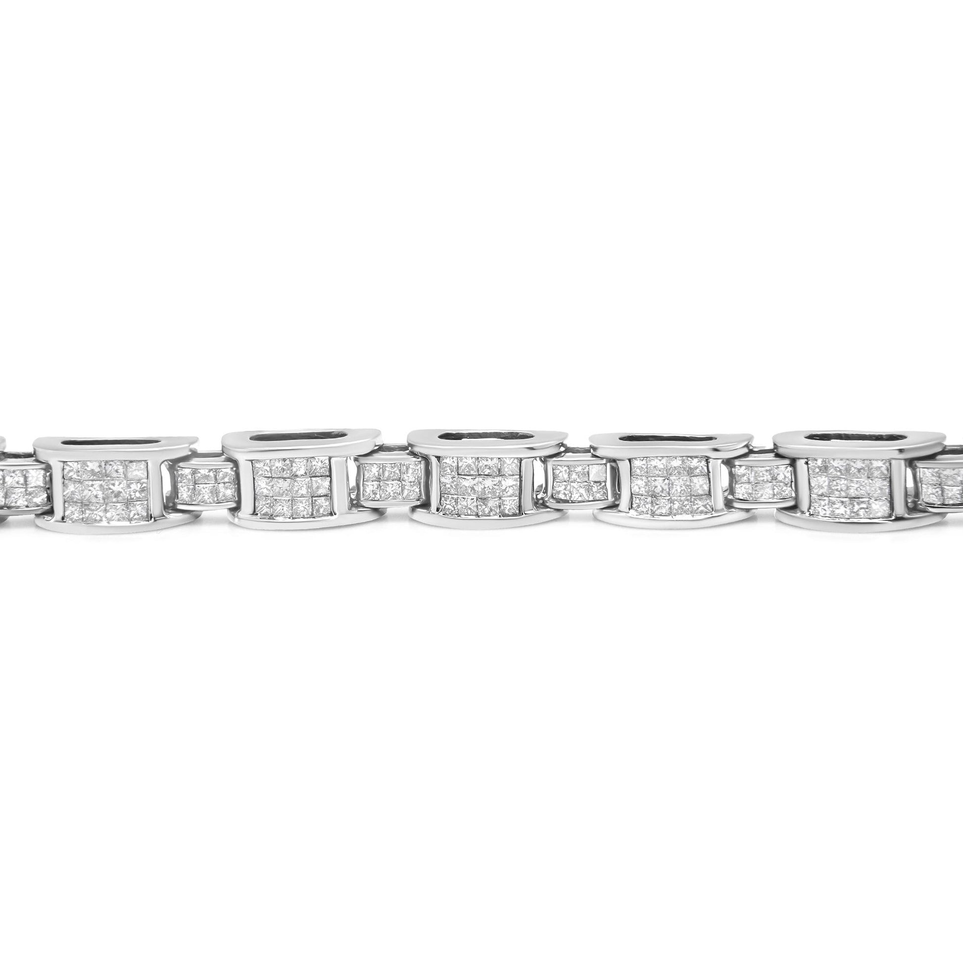 Close-up front view of a white metal bracelet with rectangular links, each set with multiple white gemstones in a grid pattern with an invisible setting.