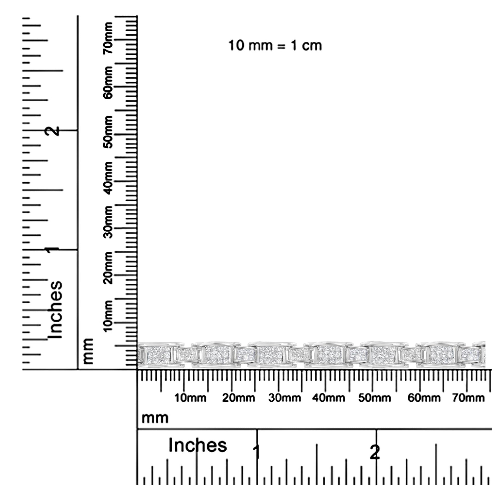 White metal bracelet with rectangular links set with small white gemstones in an invisible setting, shown flat on a ruler and scale for size reference, side angle view.