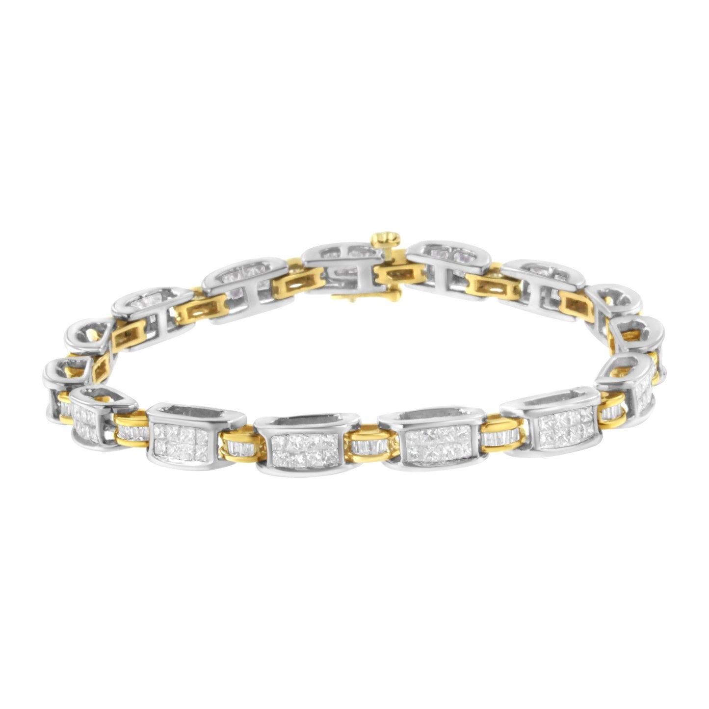 Bracelet photographed from the front angle, featuring alternating yellow and white metal links with white gemstones in princess and baguette shapes set in invisible and channel settings.