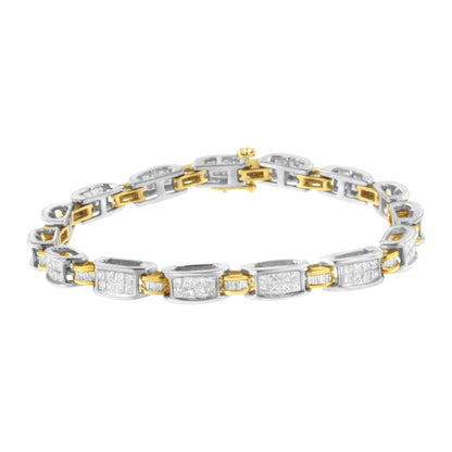 Bracelet photographed from the front angle, featuring alternating yellow and white metal links with white gemstones in princess and baguette shapes set in invisible and channel settings.