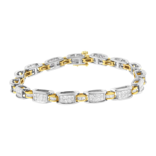 Bracelet photographed from the front angle, featuring alternating yellow and white metal links with white gemstones in princess and baguette shapes set in invisible and channel settings.