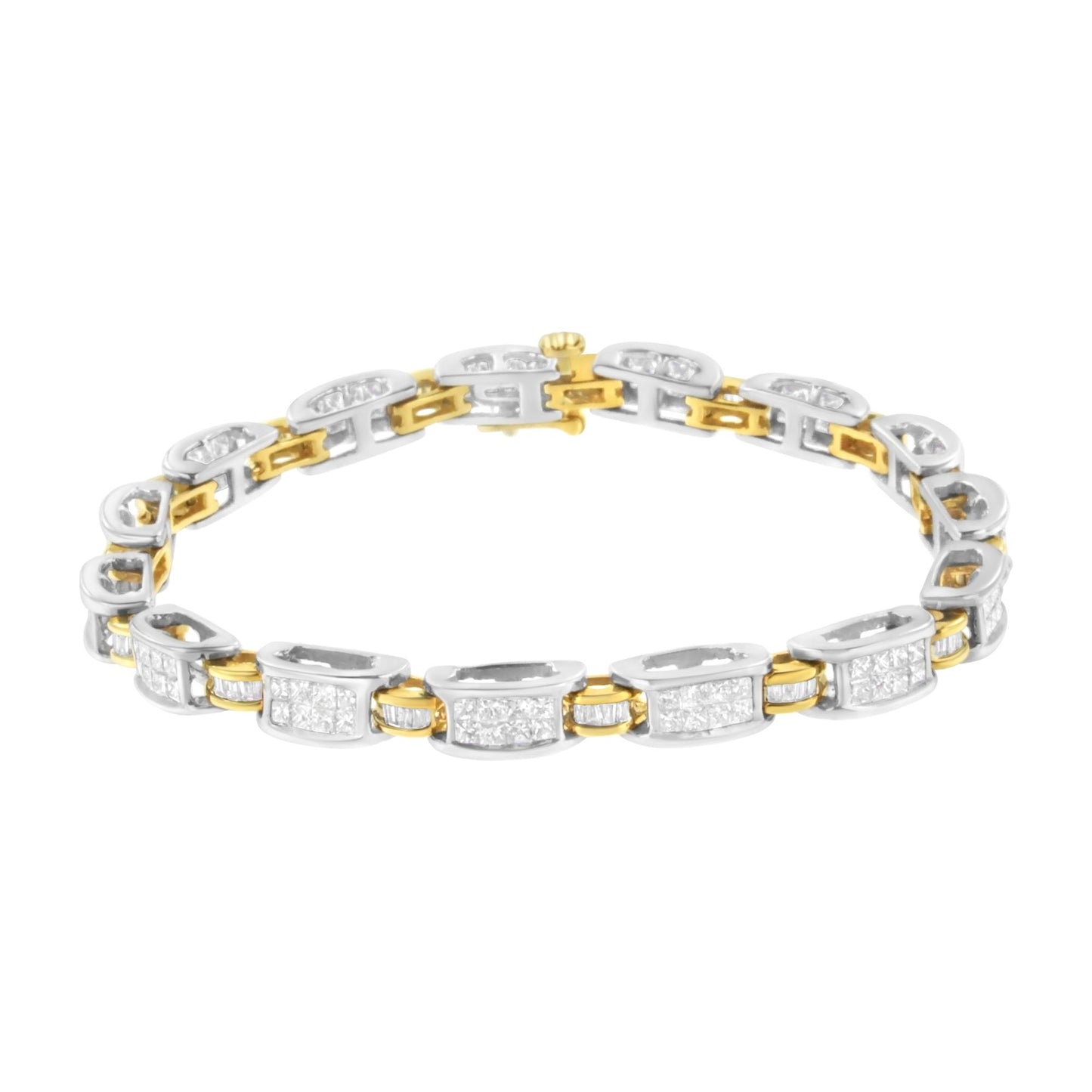 Bracelet with alternating yellow and white metal segments, adorned with white princess shape gemstones in invisible setting and white baguette shape gemstones in channel setting, shown at a slight angle.
