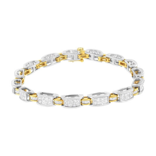 Bracelet with alternating yellow and white metal segments, adorned with white princess shape gemstones in invisible setting and white baguette shape gemstones in channel setting, shown at a slight angle.