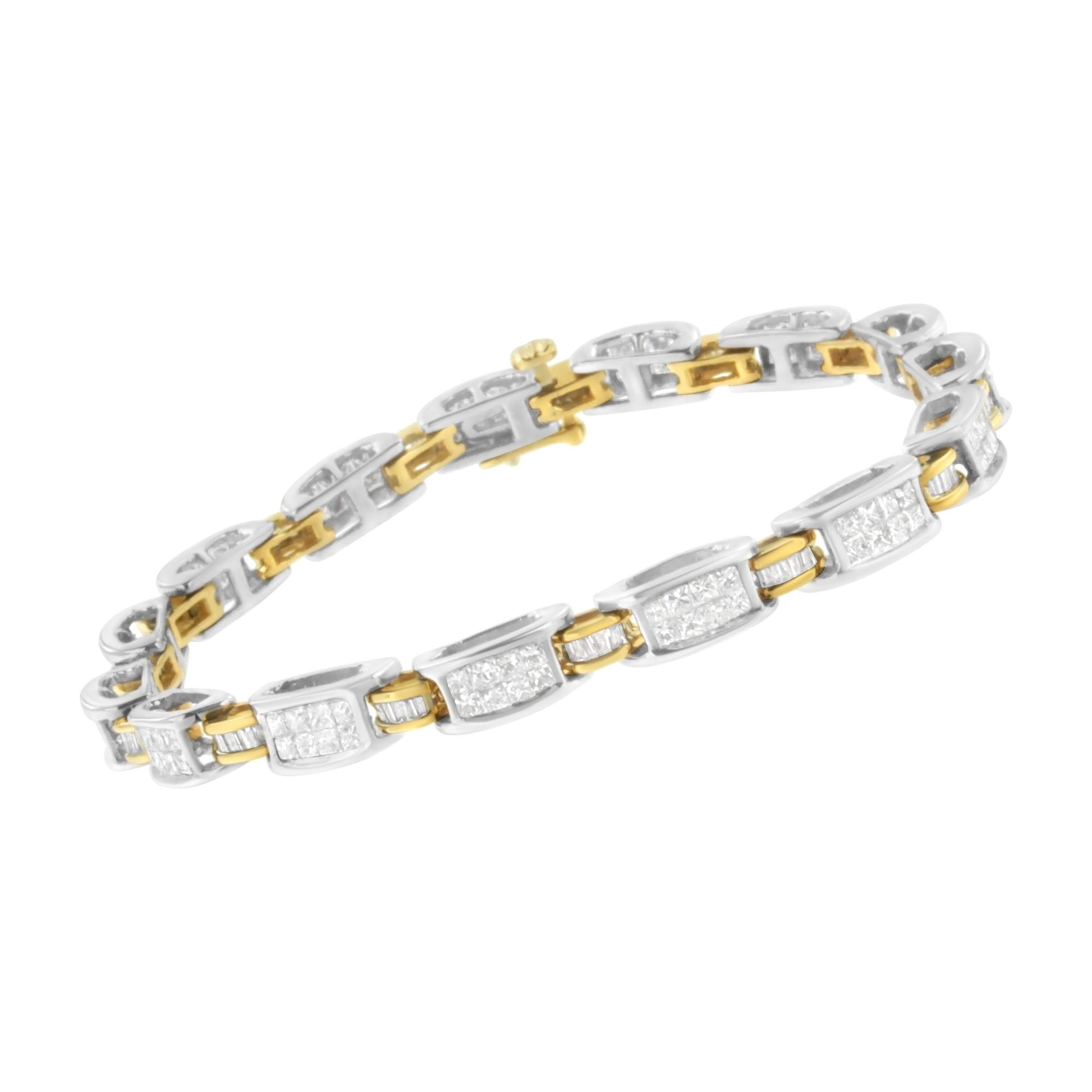 Bracelet with yellow and white metal links, featuring rectangular sections with invisible-set white princess shape gemstones and smaller baguette shape gemstones, shown at an angled top view.