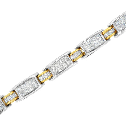 Close-up diagonal view of a yellow and white metal bracelet featuring rectangular links with white gemstones in princess and baguette shapes set alternately.