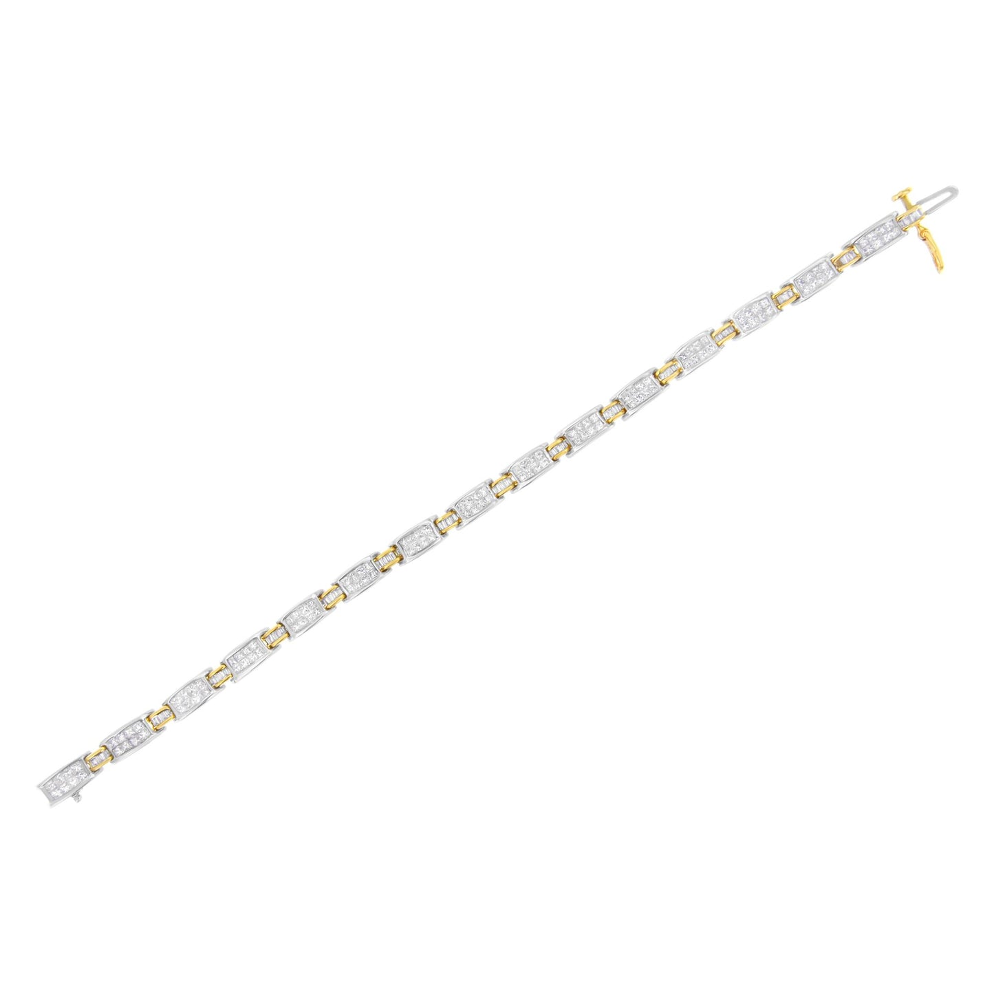 Bracelet shown in a diagonal top-down view with alternating yellow and white metal links, each white metal link set with multiple princess-shaped white gemstones in an invisible setting, connected by small yellow metal links.
