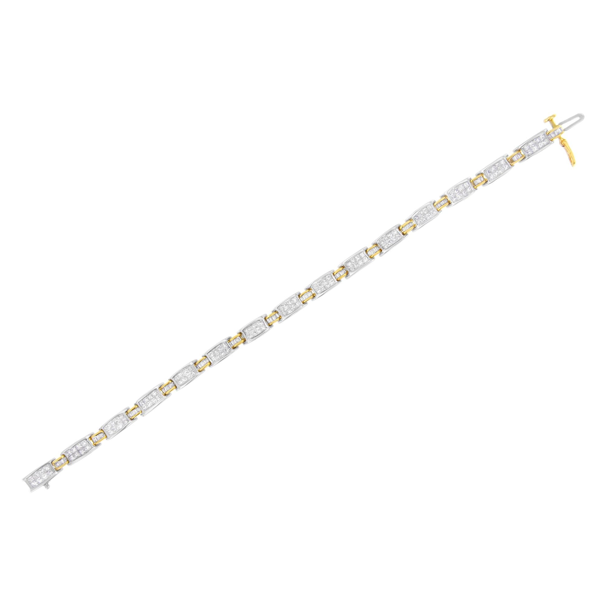 Bracelet shown in a diagonal top-down view with alternating yellow and white metal links, each white metal link set with multiple princess-shaped white gemstones in an invisible setting, connected by small yellow metal links.