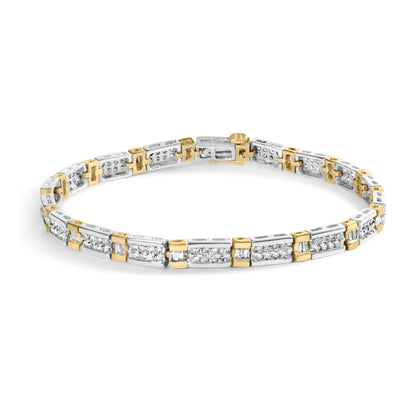 Bracelet in alternating yellow and white metal segments with round and baguette white gemstones, shown in a front angle view on a white background.