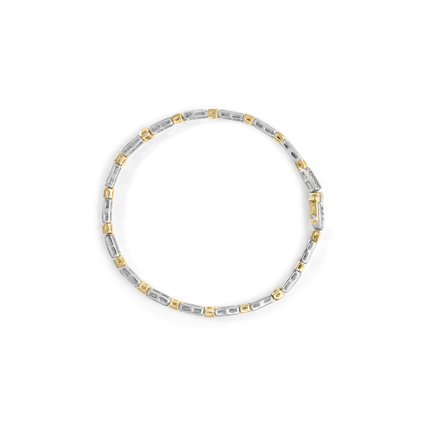 Top view of a two-tone yellow and white bracelet with alternating rectangular links, featuring small white round and baguette gemstones in prong and channel settings.
