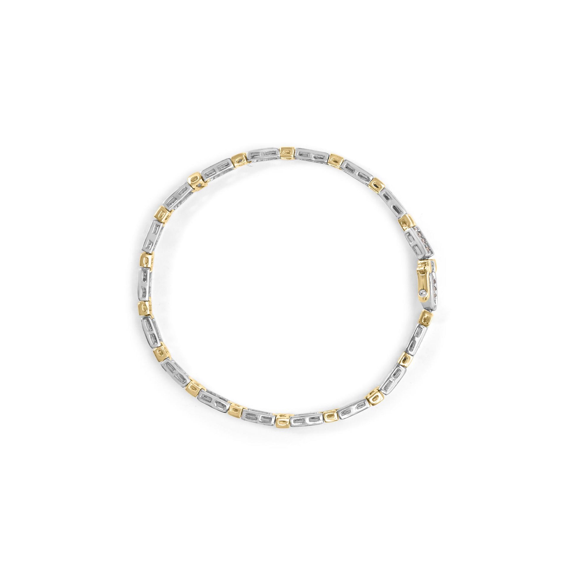 Top view of a two-tone yellow and white bracelet with alternating rectangular links, featuring small white round and baguette gemstones in prong and channel settings.