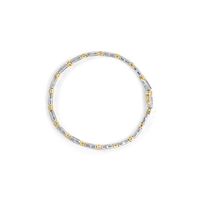 Top view of a two-tone yellow and white bracelet with alternating rectangular links, featuring small white round and baguette gemstones in prong and channel settings.