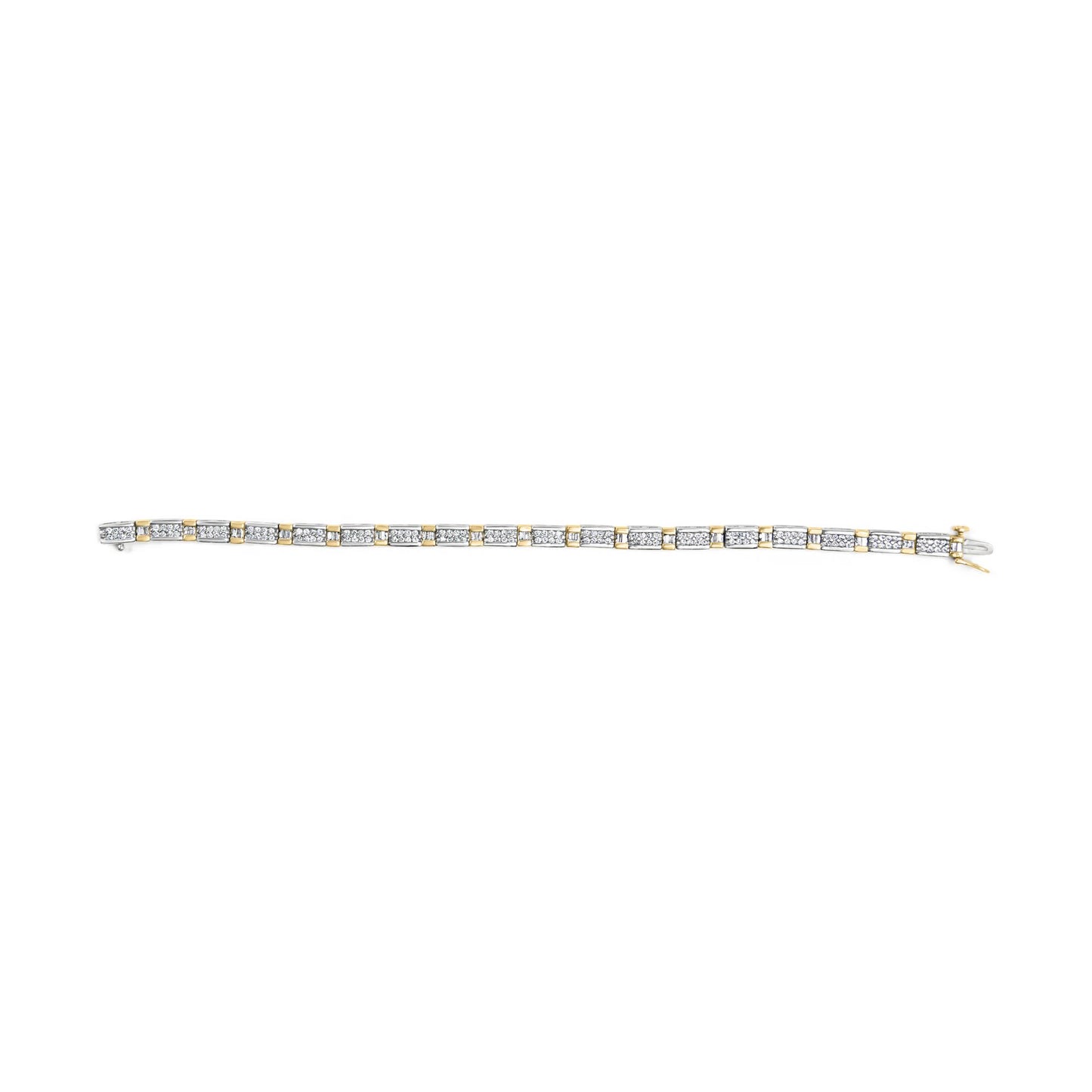 Bracelet with alternating rectangular sections featuring white round gemstones in prong settings and white baguette gemstones in channel settings, shown from a top view on a white background.