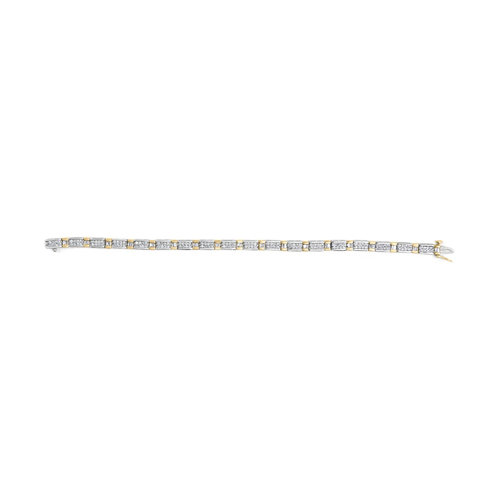 Bracelet with alternating rectangular sections featuring white round gemstones in prong settings and white baguette gemstones in channel settings, shown from a top view on a white background.