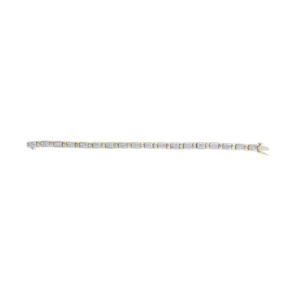 Bracelet with alternating rectangular sections featuring white round gemstones in prong settings and white baguette gemstones in channel settings, shown from a top view on a white background.