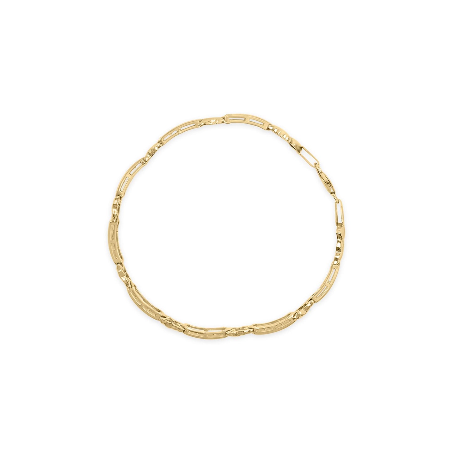 Yellow metal bracelet with alternating smooth and textured links, shown flat on a white background from a top-down angle.