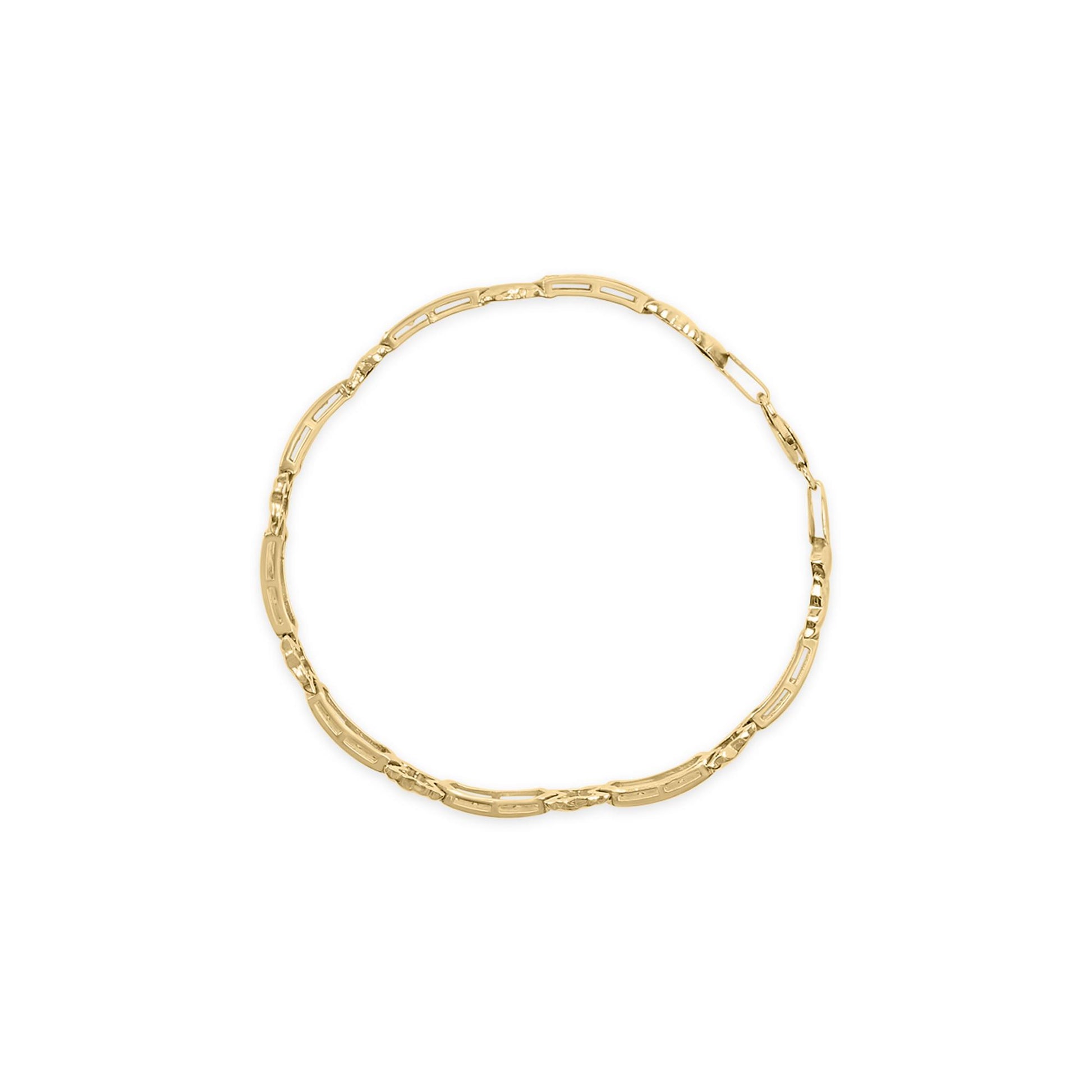 Yellow metal bracelet with alternating smooth and textured links, shown flat on a white background from a top-down angle.
