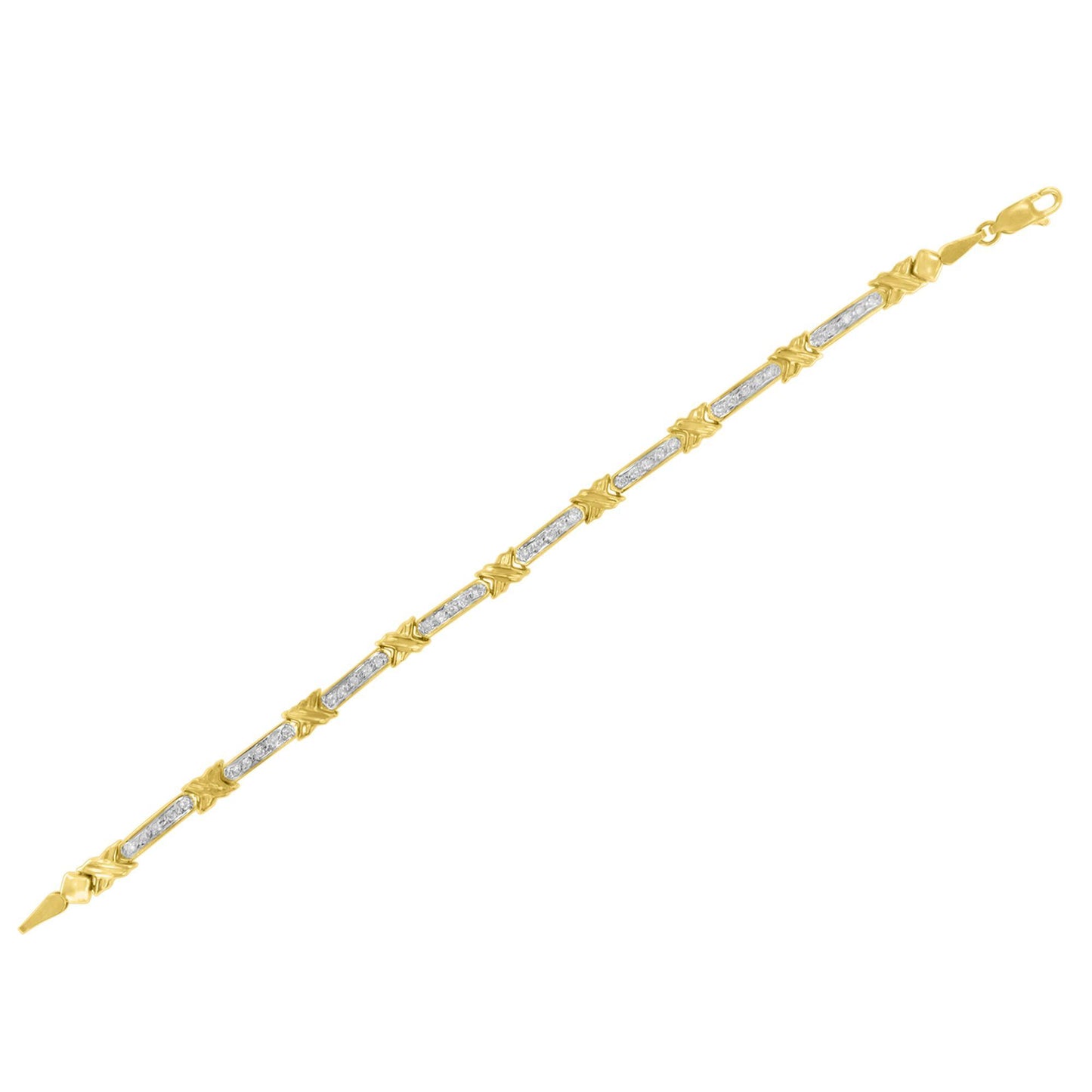Yellow metal bracelet with alternating sections of white gemstones in prong setting and decorative yellow metal X-shaped links, shown from an angled top view.