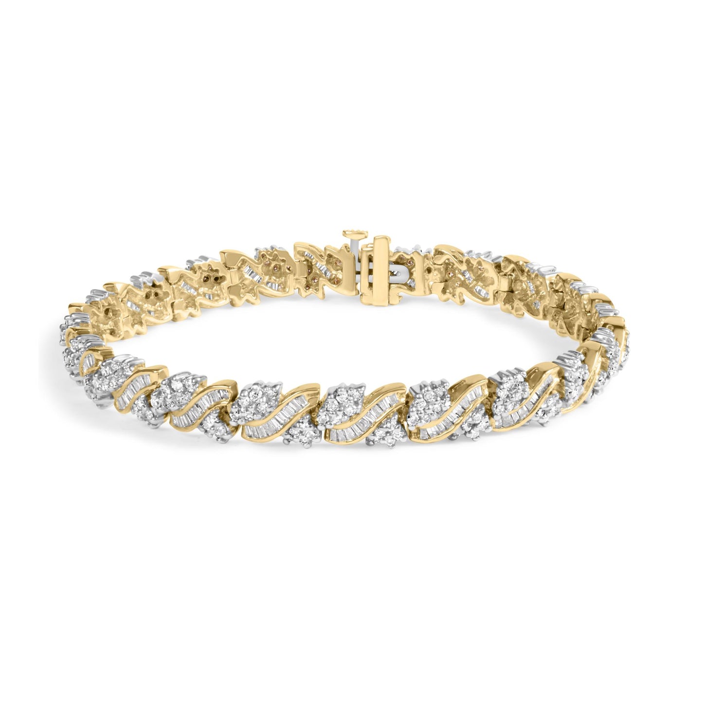 Yellow metal bracelet with alternating round and baguette white gemstones in prong and channel settings, shown at a slight angle.