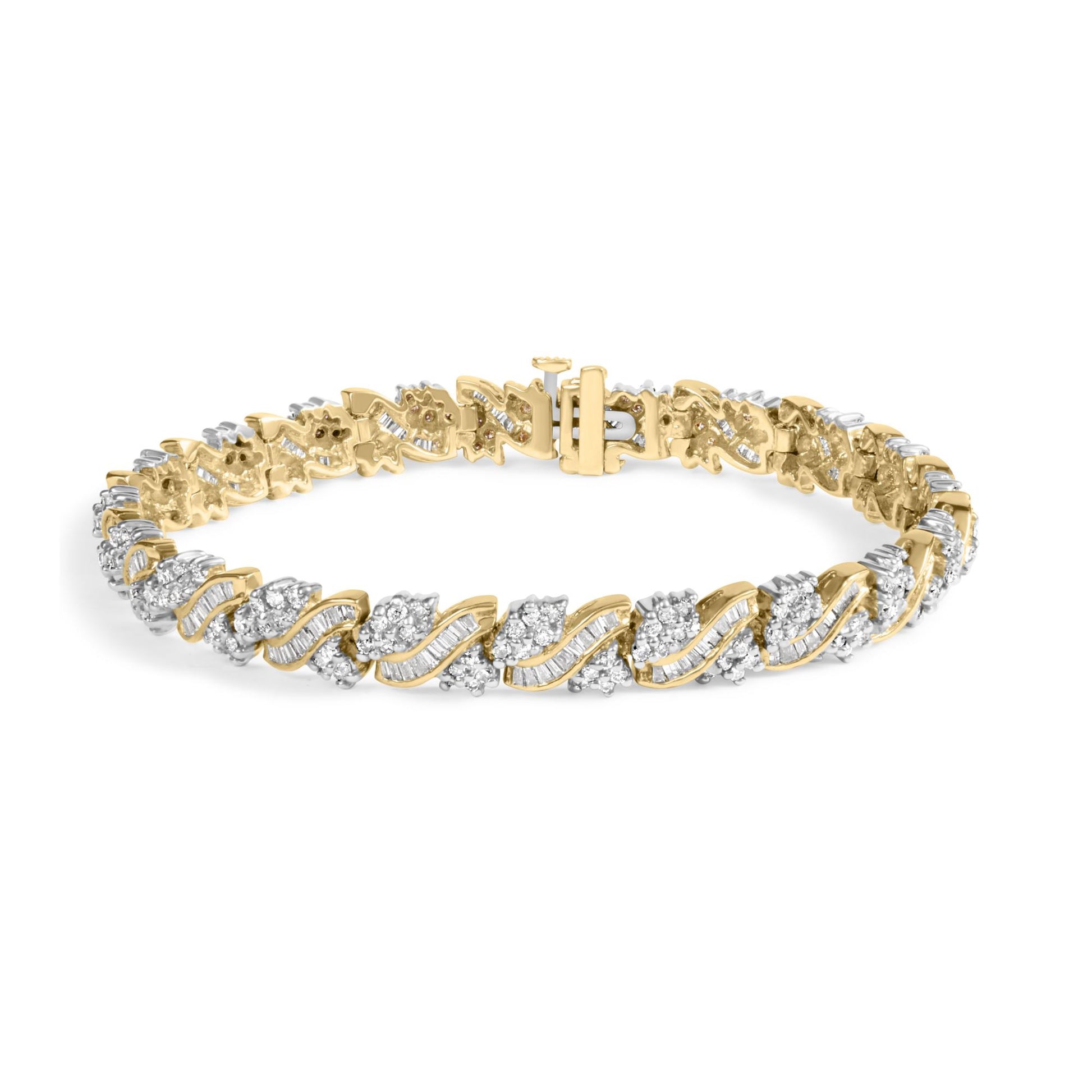 Yellow metal bracelet with alternating round and baguette white gemstones in prong and channel settings, shown at a slight angle.
