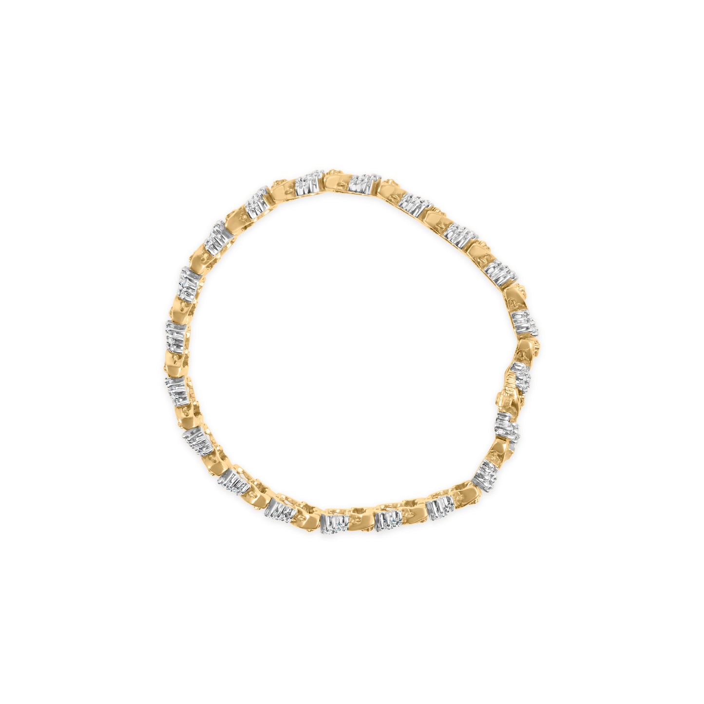 Top-down view of a yellow metal bracelet featuring alternating sections of white round gemstones in prong settings and white baguette gemstones in channel settings.