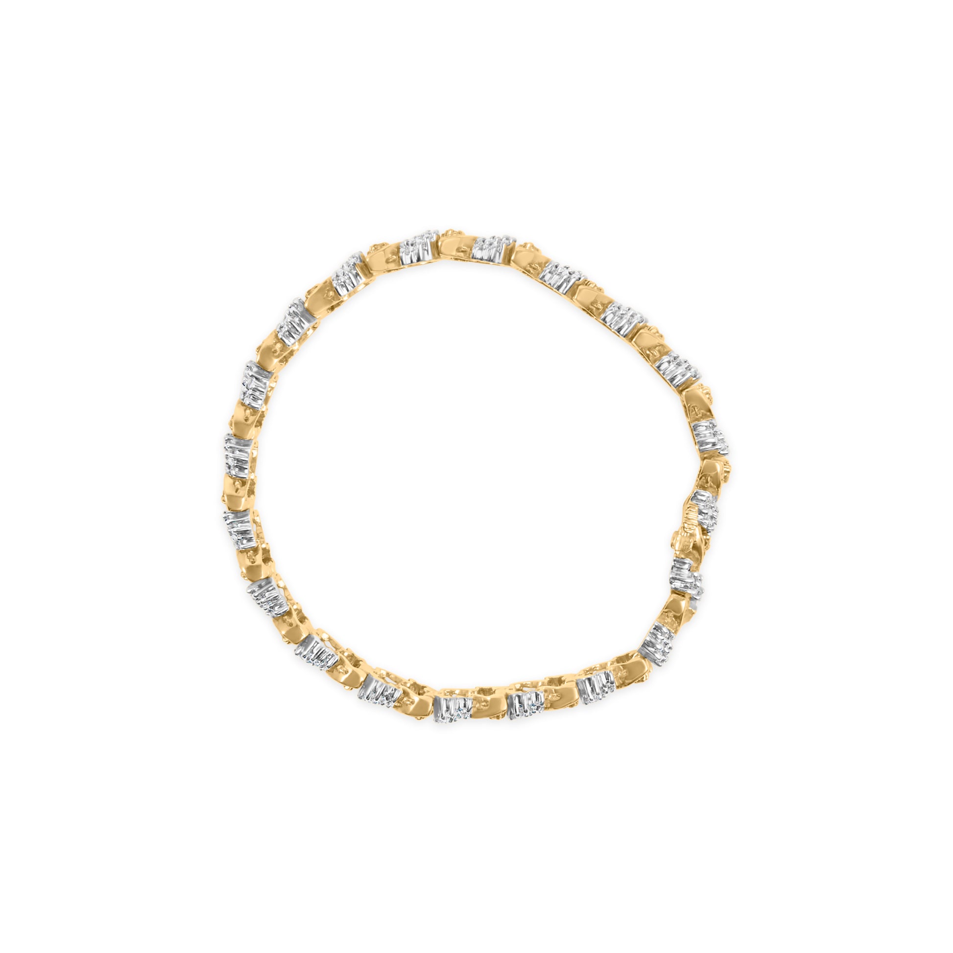 Top-down view of a yellow metal bracelet featuring alternating sections of white round gemstones in prong settings and white baguette gemstones in channel settings.