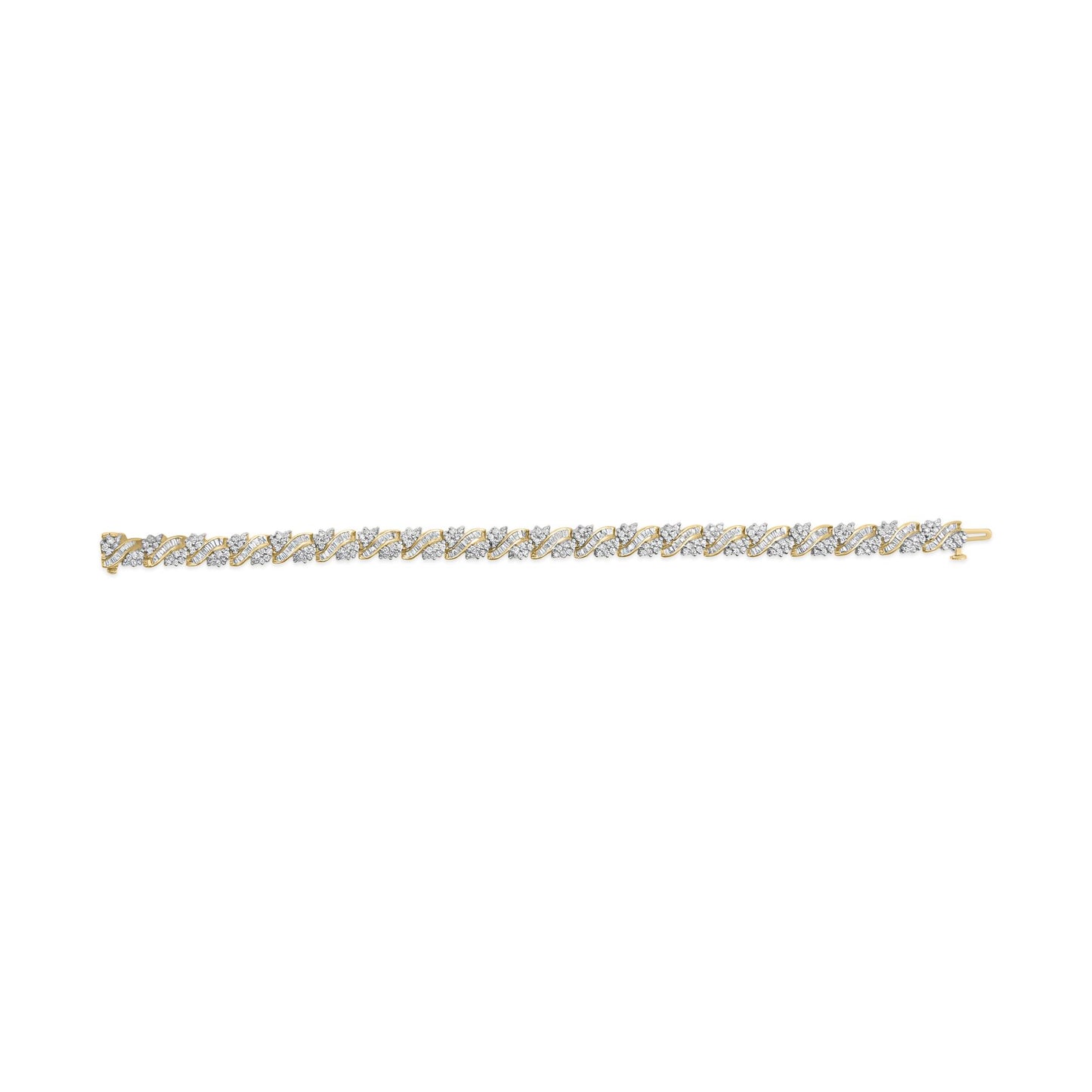 Top-down view of a yellow metal bracelet featuring alternating patterns of round prong-set white gemstones and baguette channel-set white gemstones.