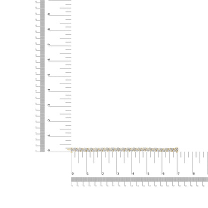 Top-down view of a yellow bracelet with alternating rows of round white gemstones in prong settings and baguette white gemstones in channel settings, placed on a ruler for size reference.