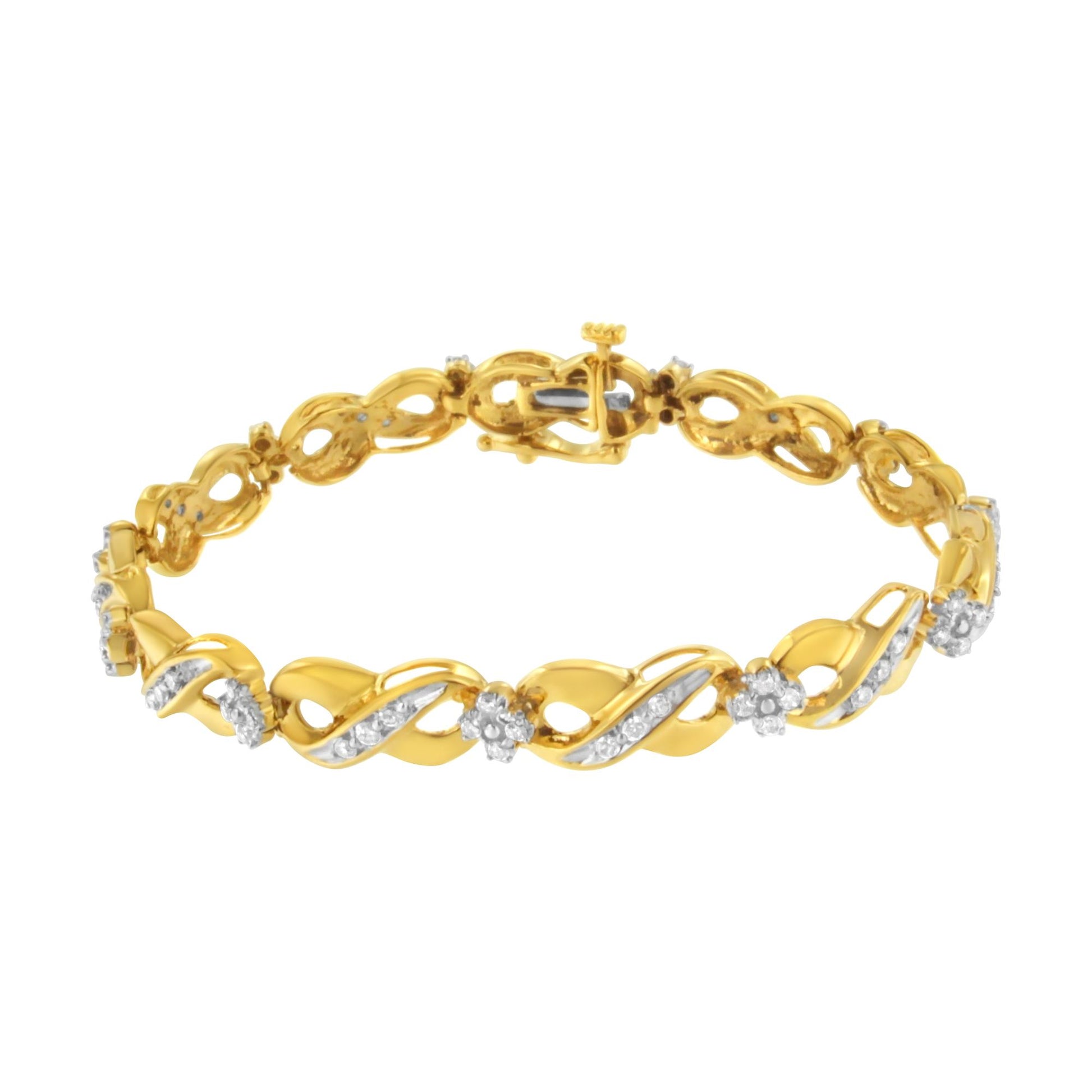 Yellow metal bracelet with alternating twisted links and clusters of white gemstones, shown from a slightly angled top view.