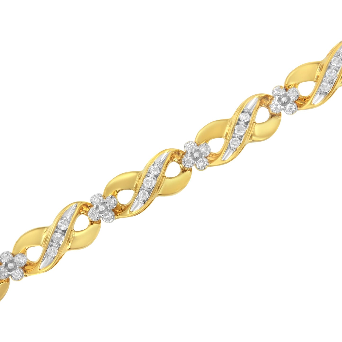 Close-up angled view of a yellow bracelet featuring alternating twisted links with white gemstone pave accents and small flower-shaped clusters of white gemstones.