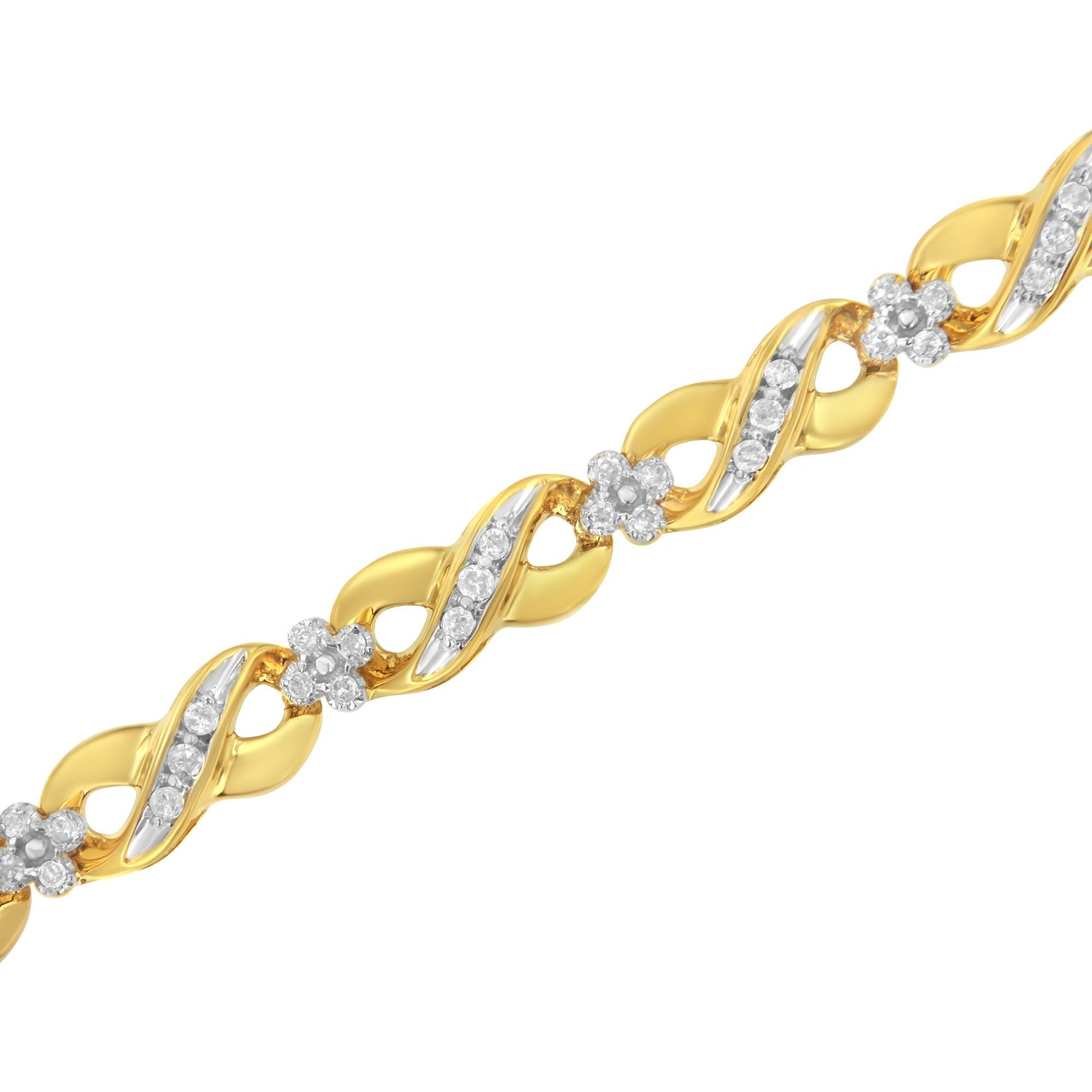 Close-up angled view of a yellow bracelet featuring alternating twisted links with white gemstone pave accents and small flower-shaped clusters of white gemstones.