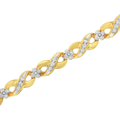 Close-up angled view of a yellow bracelet featuring alternating twisted links with white gemstone pave accents and small flower-shaped clusters of white gemstones.