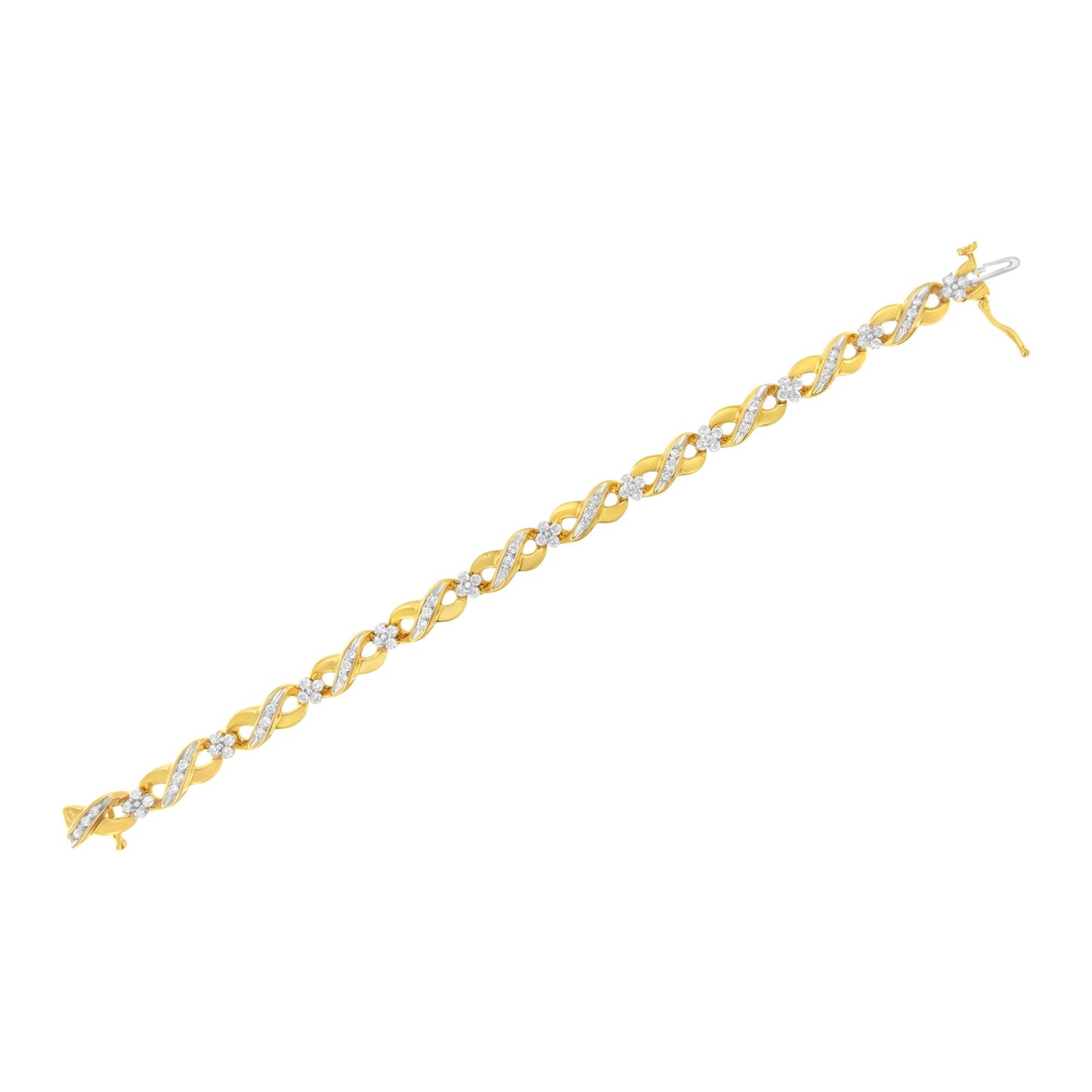 Yellow bracelet with alternating twisted links set with white round gemstones in a pave setting, shown flat on a white background from a slightly angled top view.