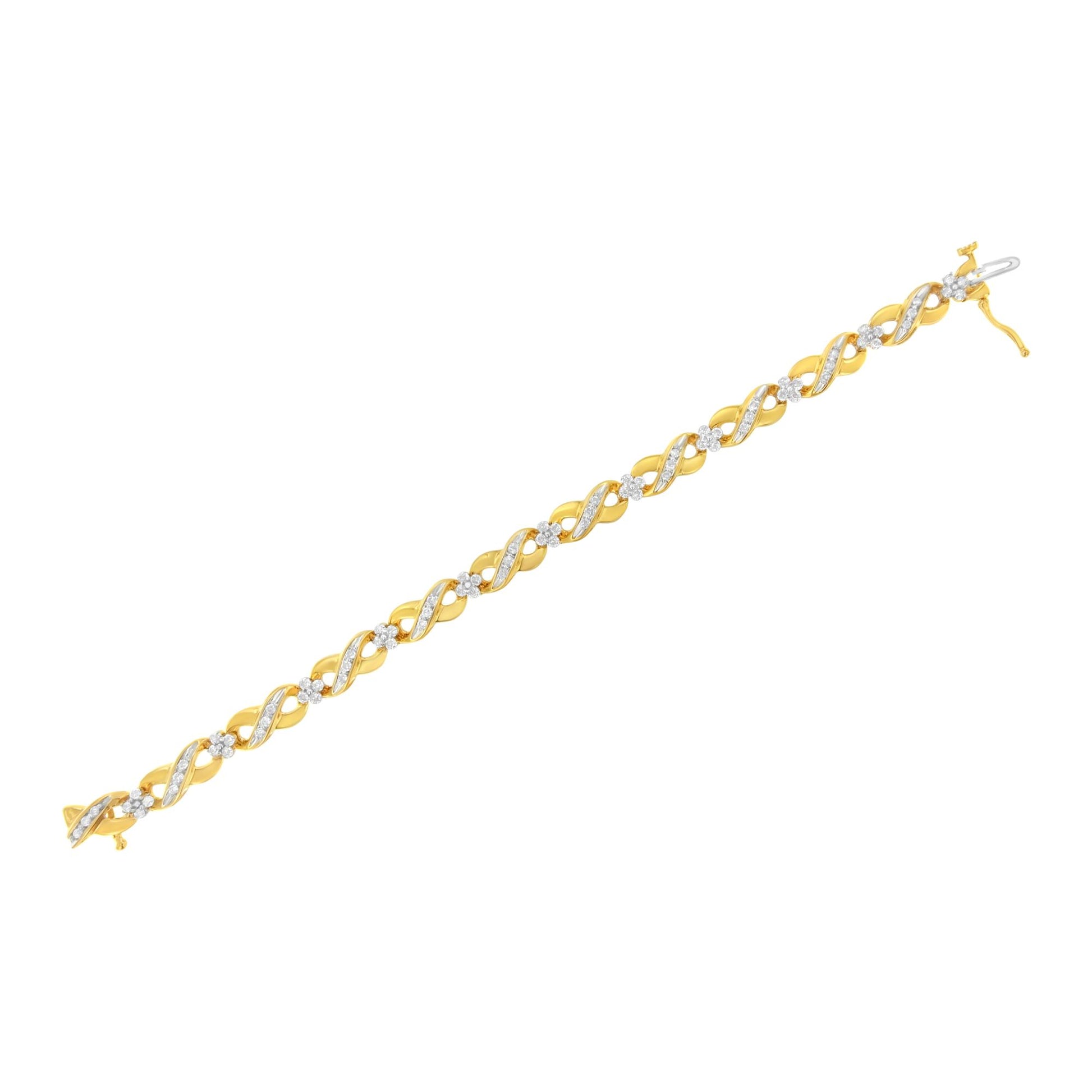 Yellow bracelet with alternating twisted links set with white round gemstones in a pave setting, shown flat on a white background from a slightly angled top view.