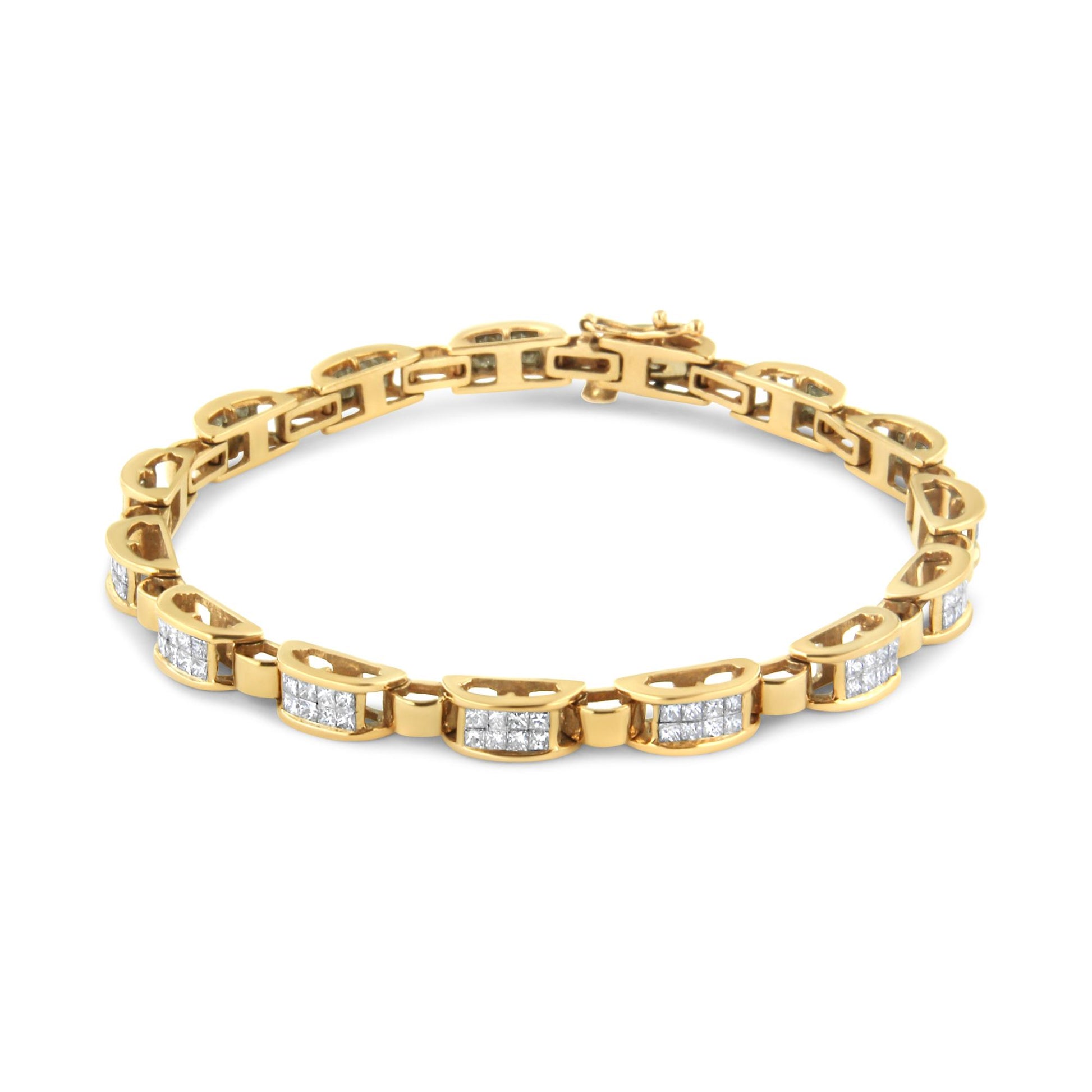 Yellow metal bracelet with sections of white square-shaped gemstones in an invisible setting, shown from a slightly elevated front angle.