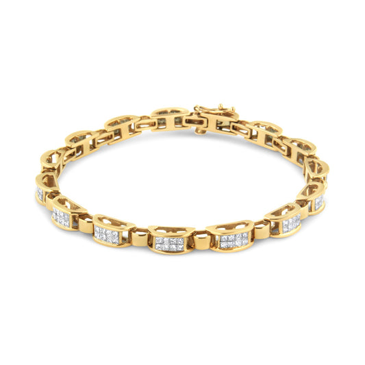 Yellow metal bracelet with sections of white square-shaped gemstones in an invisible setting, shown from a slightly elevated front angle.