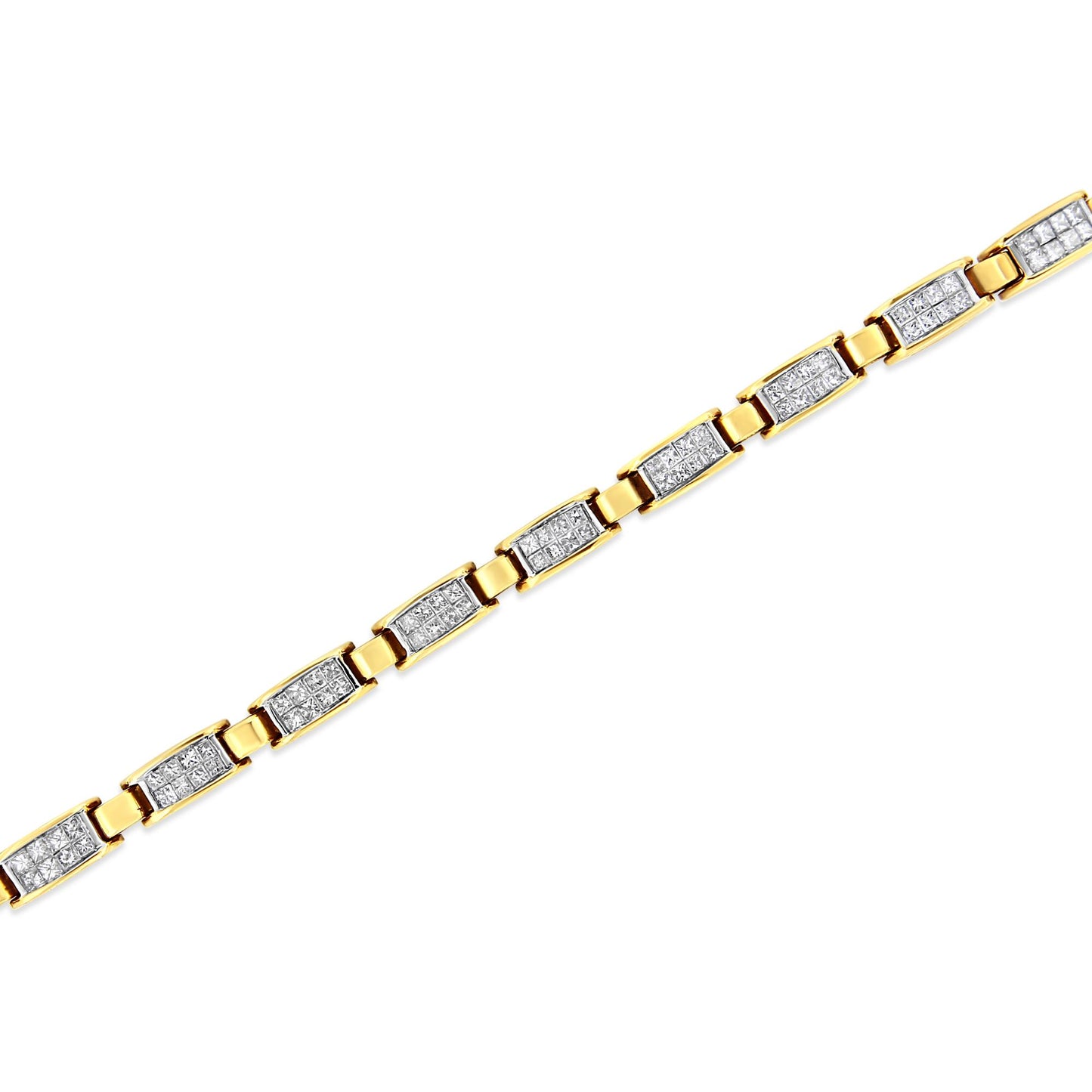 Diagonal close-up of a yellow metal bracelet featuring rectangular links set with multiple small white gemstones in an invisible setting.